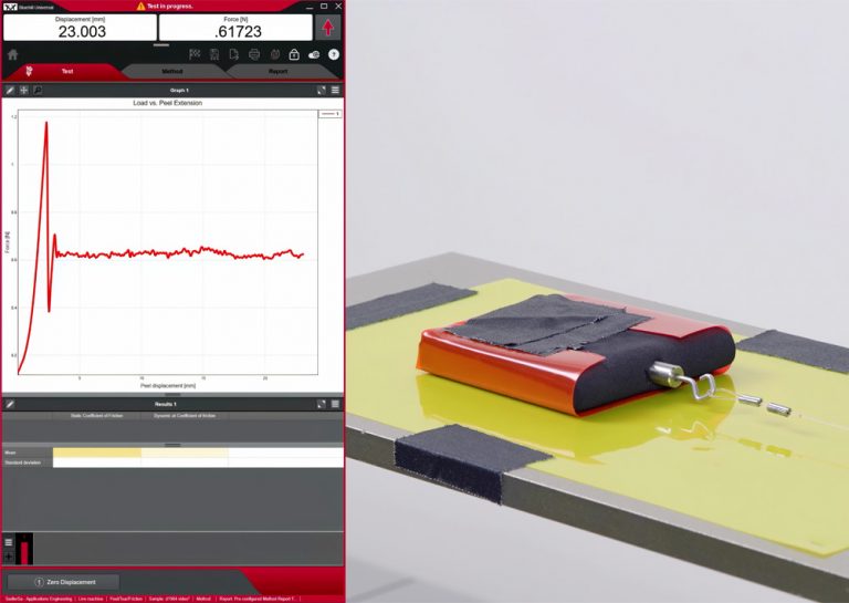 Two-panel image showing Bluehill Universal software displaying a real-time load vs. peel extension graph with coefficient of friction results on the left, and a film-wrapped weighted sled on a yellow film specimen on the coefficient of friction test platform on the right